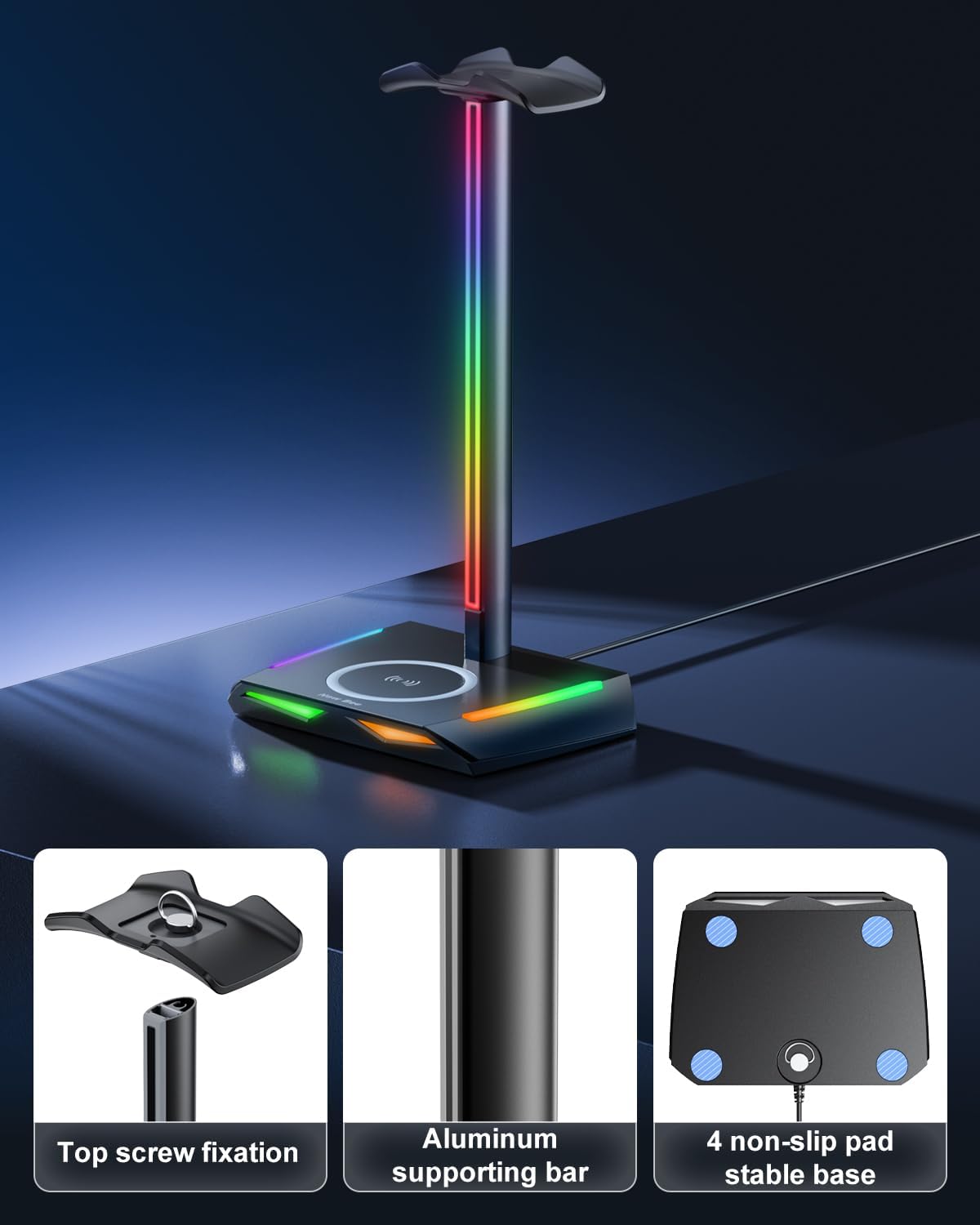 Suport RGB casti gaming, cu incarcator wireless, 2 porturi USB-C si USB 2.0, 11 moduri iluminare, antiderapant, New Bee, negru