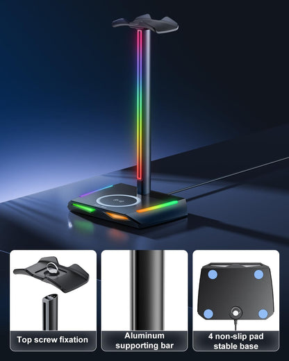 Suport RGB casti gaming, cu incarcator wireless, 2 porturi USB-C si USB 2.0, 11 moduri iluminare, antiderapant, New Bee, negru