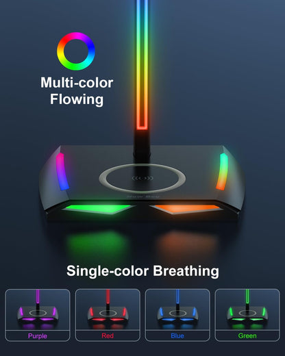 Suport RGB casti gaming, cu incarcator wireless, 2 porturi USB-C si USB 2.0, 11 moduri iluminare, antiderapant, New Bee, negru