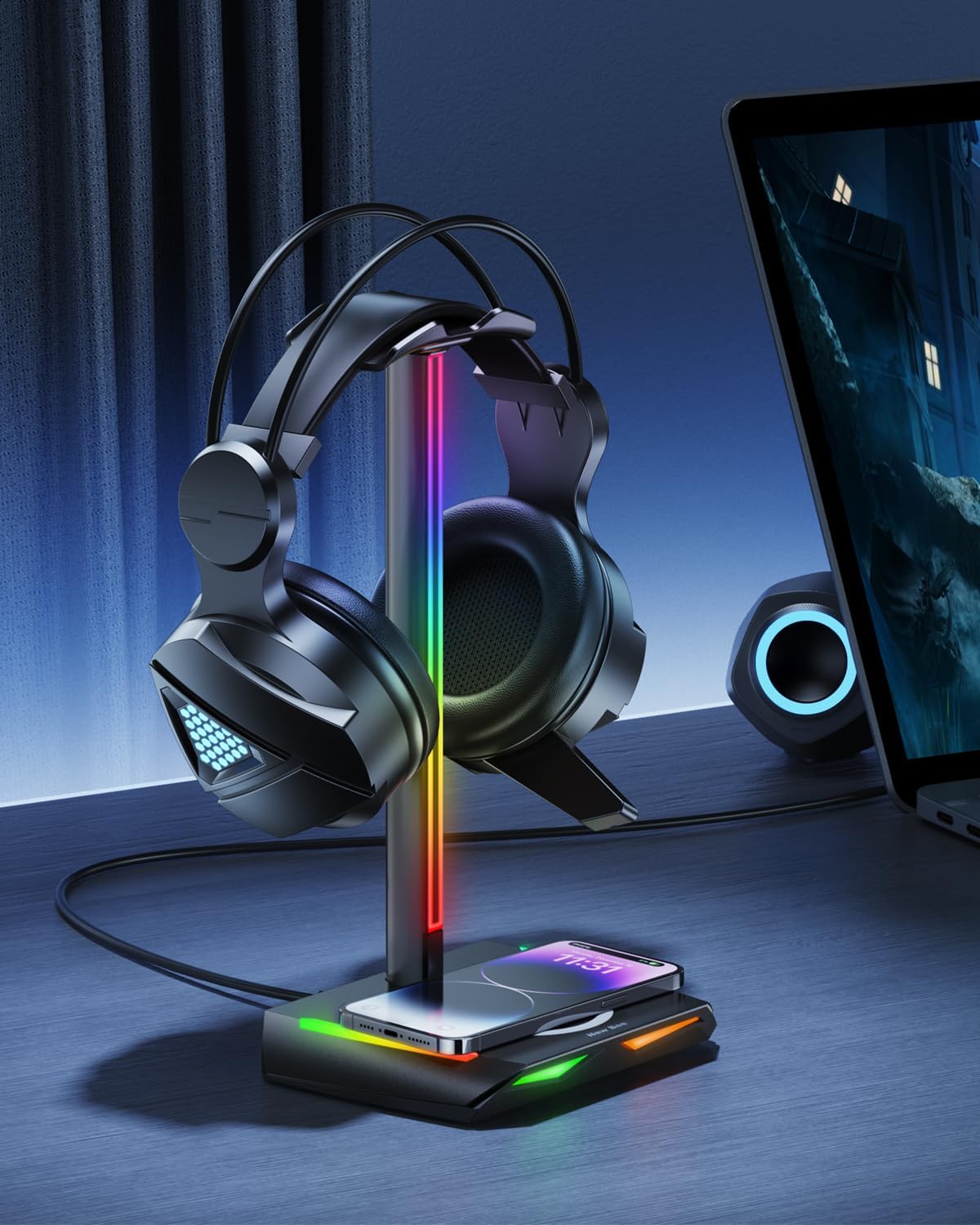 Suport RGB casti gaming, cu incarcator wireless, 2 porturi USB-C si USB 2.0, 11 moduri iluminare, antiderapant, New Bee, negru