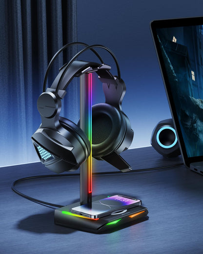 Suport RGB casti gaming, cu incarcator wireless, 2 porturi USB-C si USB 2.0, 11 moduri iluminare, antiderapant, New Bee, negru