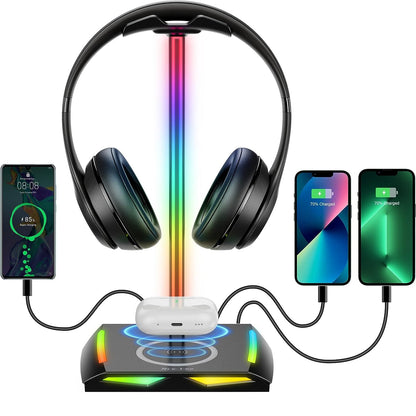 Suport RGB casti gaming, cu incarcator wireless, 2 porturi USB-C si USB 2.0, 11 moduri iluminare, antiderapant, New Bee, negru