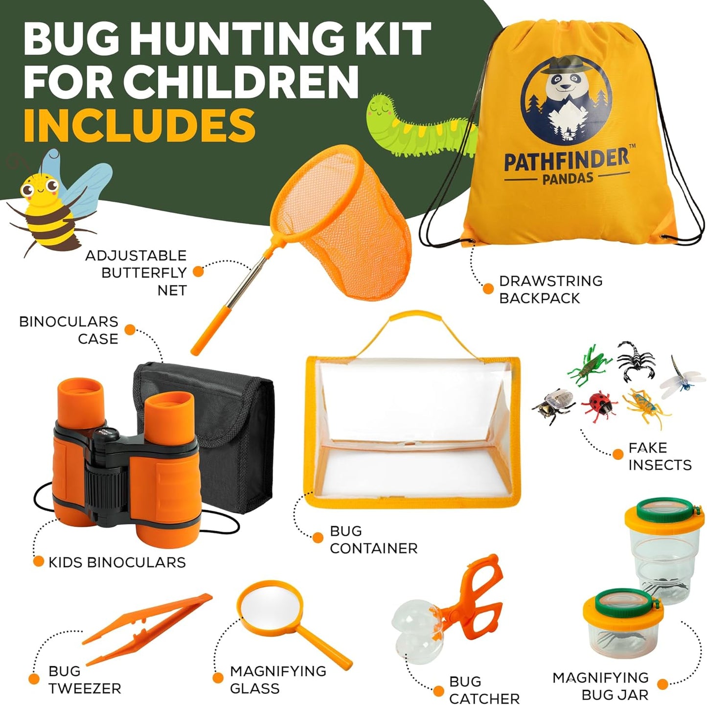 Set de cercetare pentru explorarea naturii, kit explorator aventurier cu binoclu, lupa, plasa de fluturi cu maner extensibil, recipiente, pentru copii, Pathfinder Pandas
