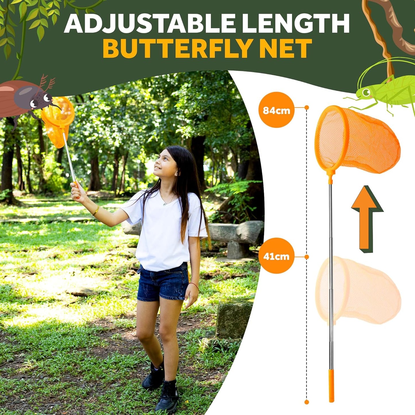 Set de cercetare pentru explorarea naturii, kit explorator aventurier cu binoclu, lupa, plasa de fluturi cu maner extensibil, recipiente, pentru copii, Pathfinder Pandas