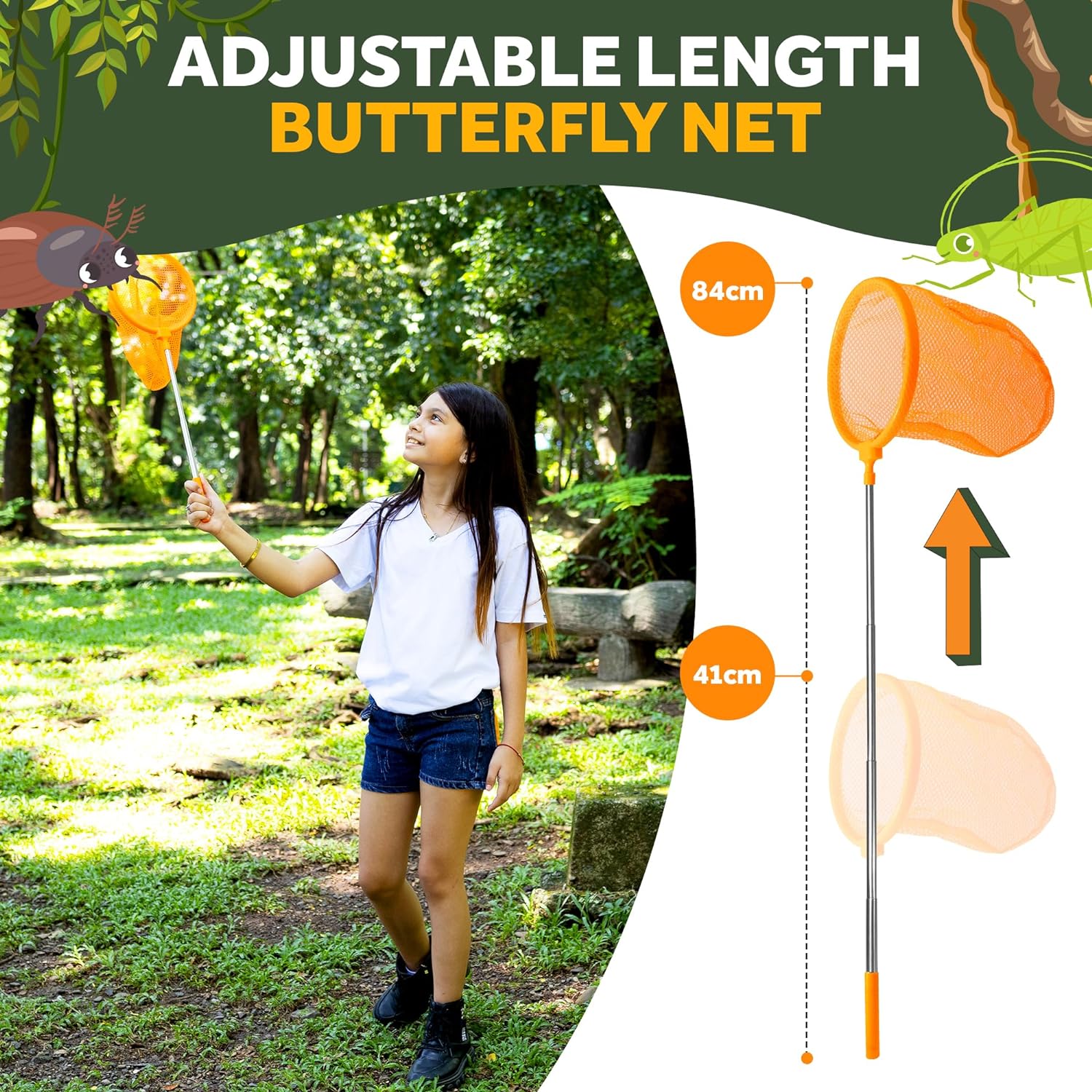 Set de cercetare pentru explorarea naturii, kit explorator aventurier cu binoclu, lupa, plasa de fluturi cu maner extensibil, recipiente, pentru copii, Pathfinder Pandas