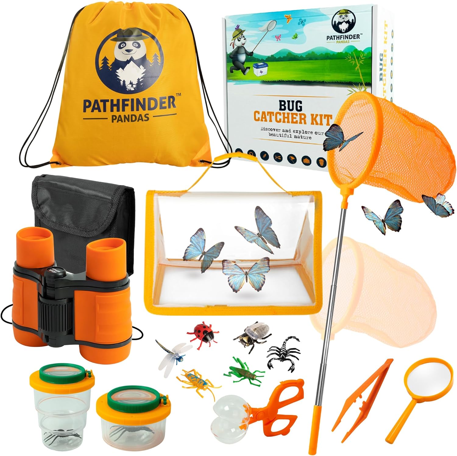 Set de cercetare pentru explorarea naturii, kit explorator aventurier cu binoclu, lupa, plasa de fluturi cu maner extensibil, recipiente, pentru copii, Pathfinder Pandas