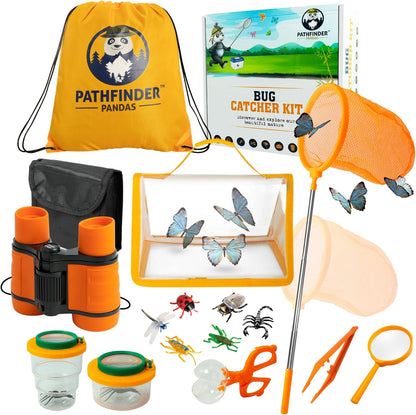 Set de cercetare pentru explorarea naturii, kit explorator aventurier cu binoclu, lupa, plasa de fluturi cu maner extensibil, recipiente, pentru copii, Pathfinder Pandas