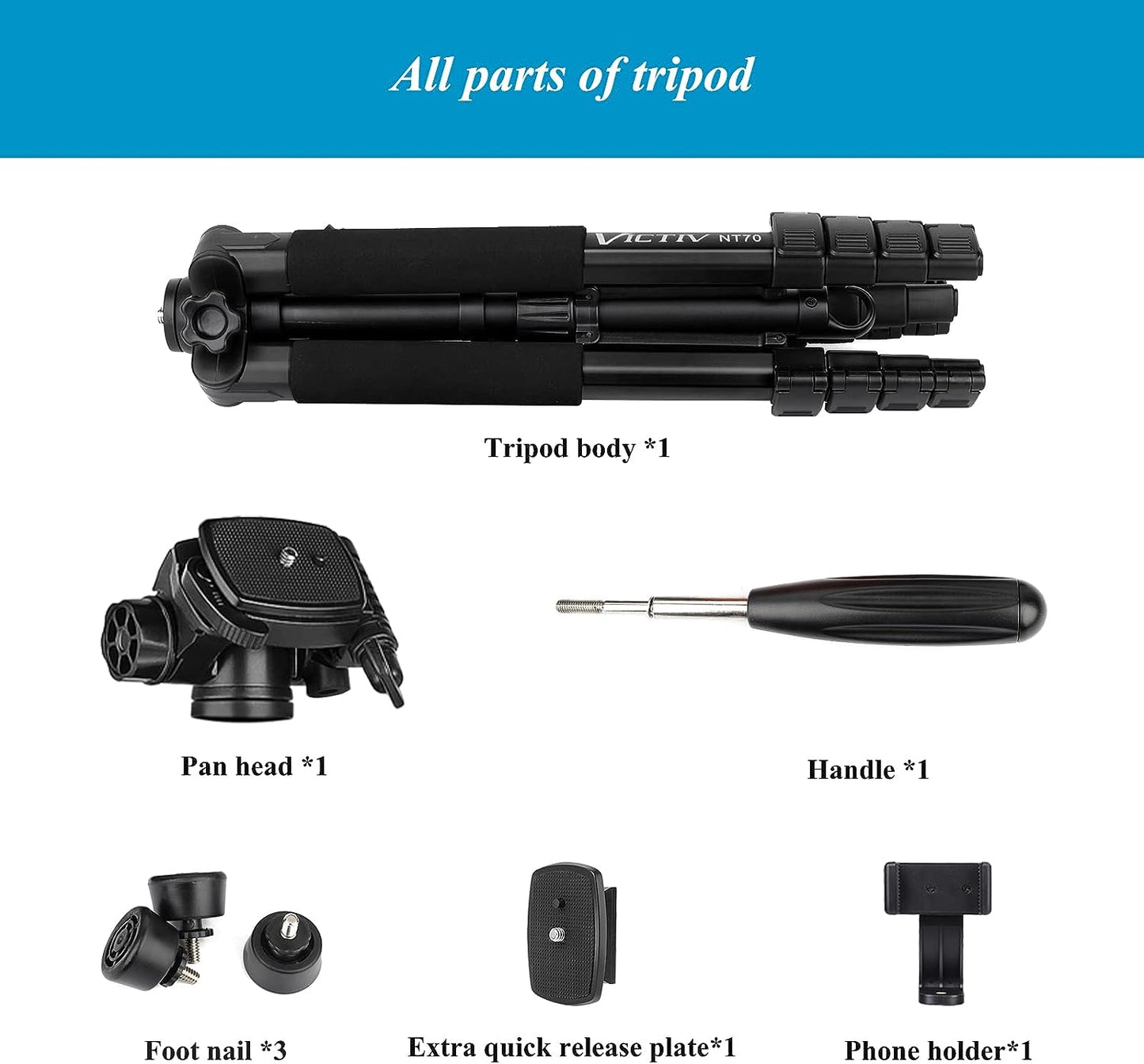 Trepied foto telescopic 52-185 cm, telescopic, cu cap panoramic 360° detasabil, 2 placi eliberare rapida, suport pentru smartphone, din aluminiu, pentru telefon mobil sau camera, Victiv NT70