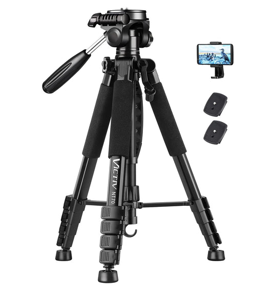 Trepied foto telescopic 52-185 cm, telescopic, cu cap panoramic 360° detasabil, 2 placi eliberare rapida, suport pentru smartphone, din aluminiu, pentru telefon mobil sau camera, Victiv NT70