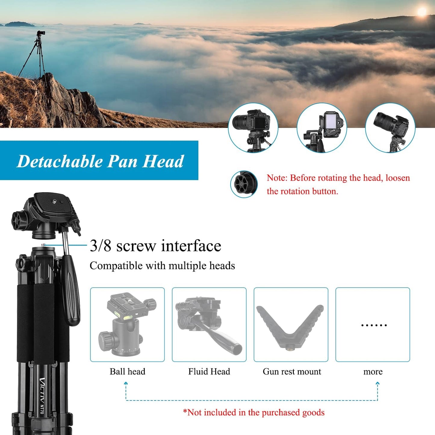Trepied foto telescopic 52-185 cm, telescopic, cu cap panoramic 360° detasabil, 2 placi eliberare rapida, suport pentru smartphone, din aluminiu, pentru telefon mobil sau camera, Victiv NT70