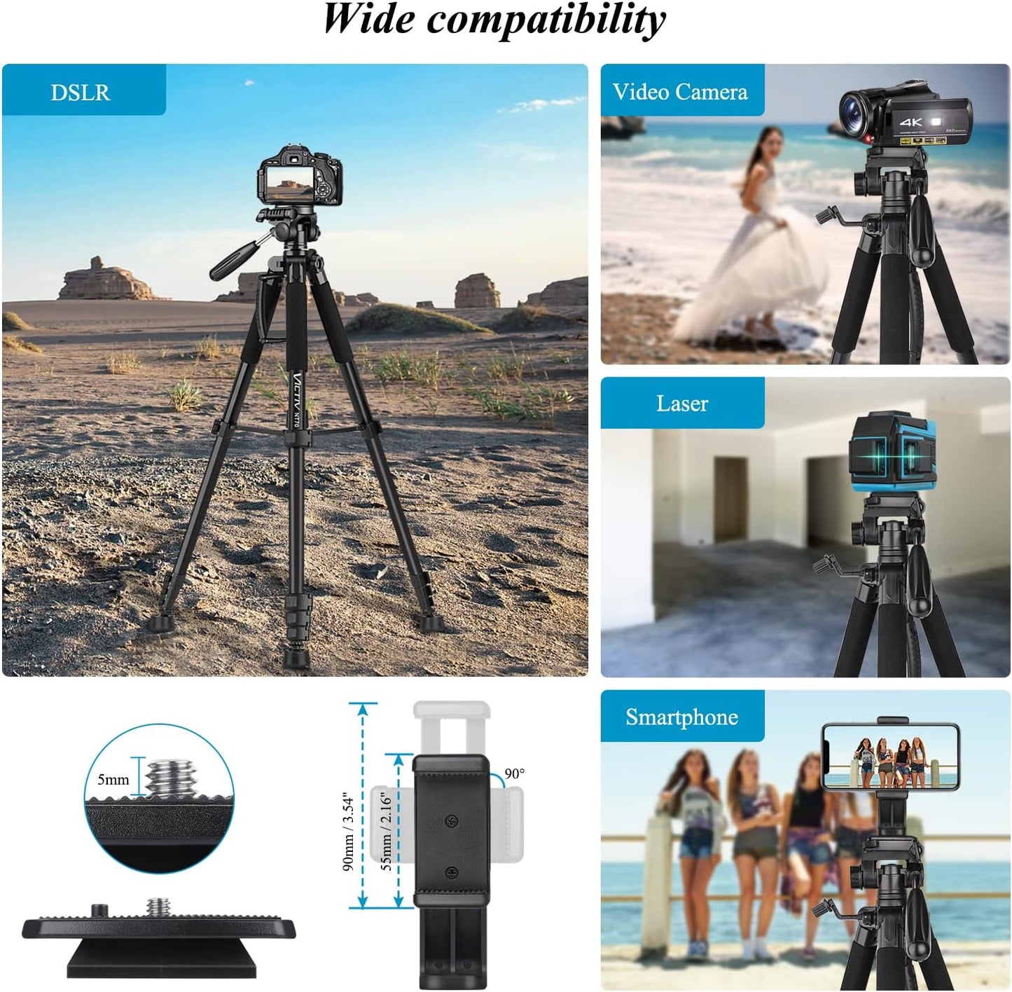 Trepied foto telescopic 52-185 cm, telescopic, cu cap panoramic 360° detasabil, 2 placi eliberare rapida, suport pentru smartphone, din aluminiu, pentru telefon mobil sau camera, Victiv NT70