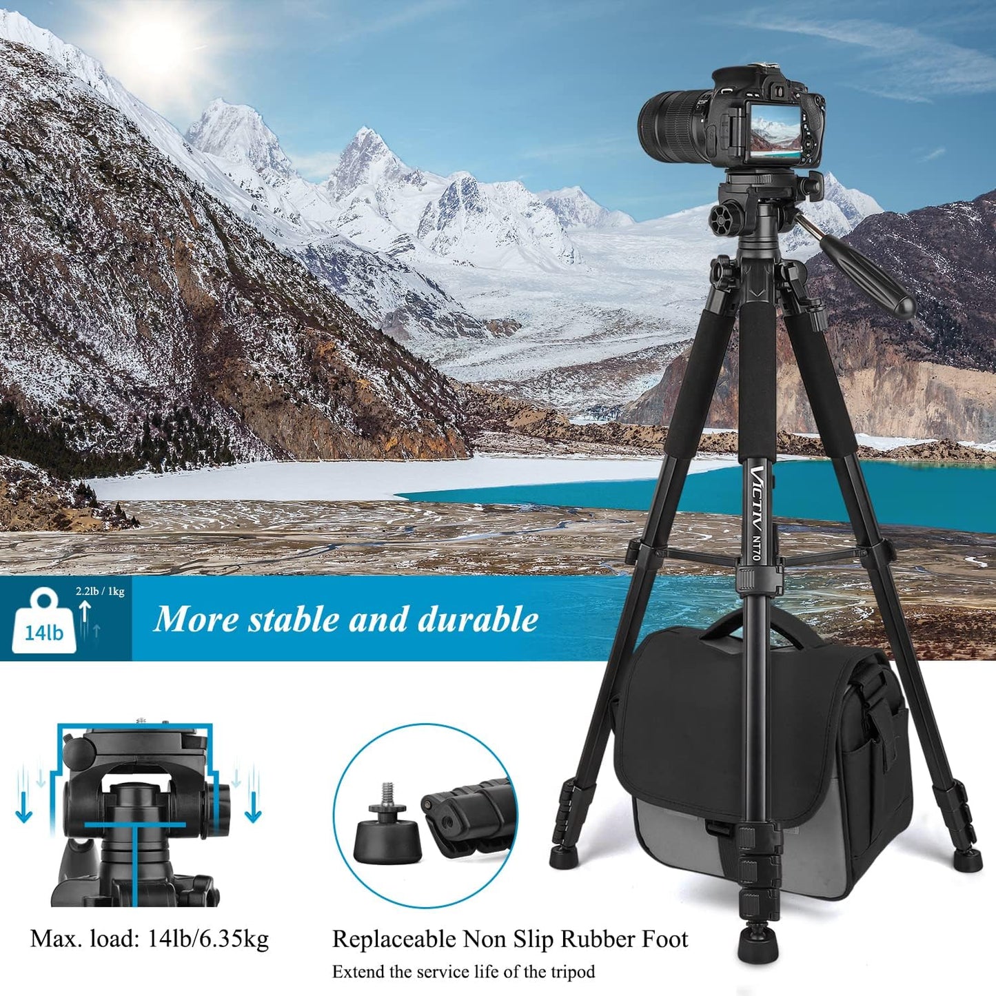 Trepied foto telescopic 52-185 cm, telescopic, cu cap panoramic 360° detasabil, 2 placi eliberare rapida, suport pentru smartphone, din aluminiu, pentru telefon mobil sau camera, Victiv NT70