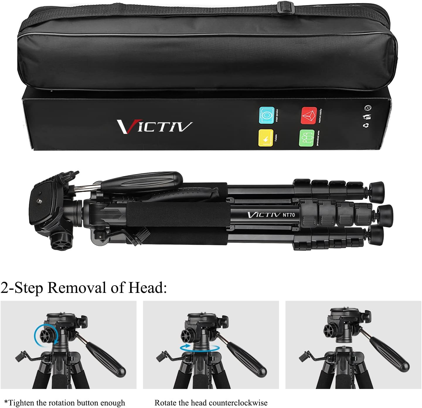 Trepied foto telescopic 52-185 cm, telescopic, cu cap panoramic 360° detasabil, 2 placi eliberare rapida, suport pentru smartphone, din aluminiu, pentru telefon mobil sau camera, Victiv NT70