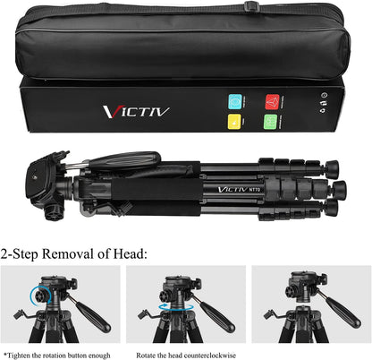 Trepied foto telescopic 52-185 cm, telescopic, cu cap panoramic 360° detasabil, 2 placi eliberare rapida, suport pentru smartphone, din aluminiu, pentru telefon mobil sau camera, Victiv NT70