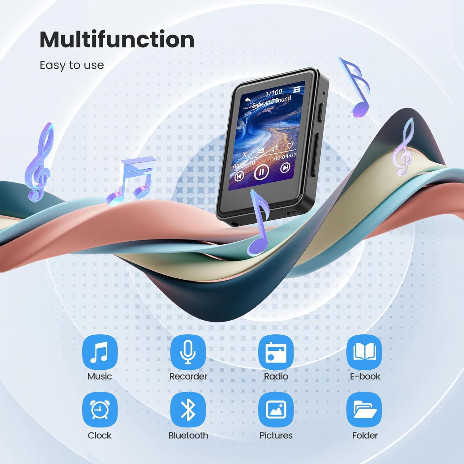 MP3 Player 128 GB cu Bluetooth 5.2, Touchscreen 2.4 inch, Sunet HiFi, Radio, Ceas cu alarma, Inregistrare voce, Difuzor, Zooaoxo