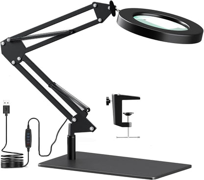 Lampa cosmetica cu lupa, marire 8X, 3 moduri de culoare, dimabila, cu picior si prindere tip menghina, cu brat reglabil si alimentare prin USB pentru machiaj, tatuaje, bijuterii, electronica