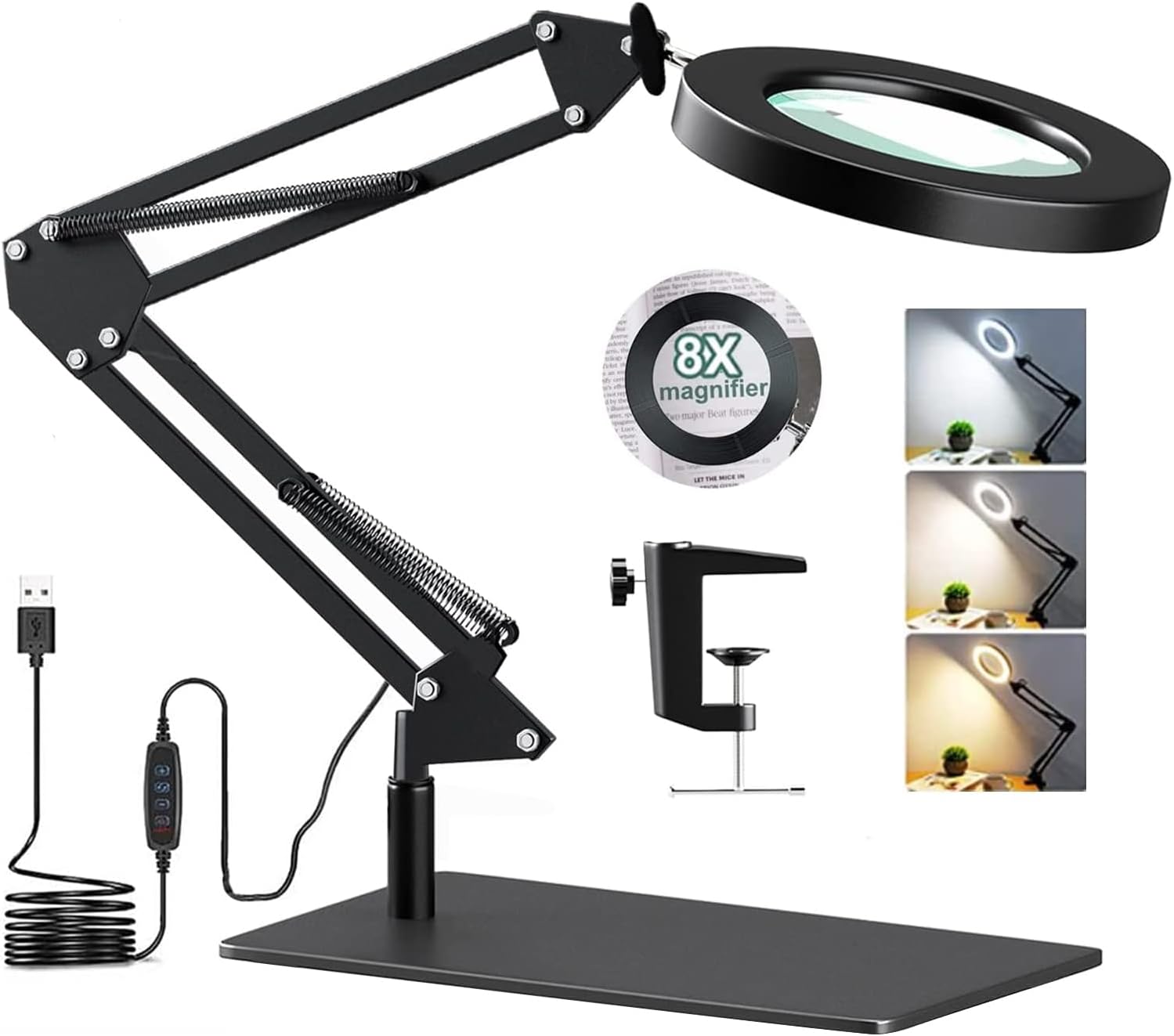 Lampa cosmetica cu lupa, marire 8X, 3 moduri de culoare, dimabila, cu picior si prindere tip menghina, cu brat reglabil si alimentare prin USB pentru machiaj, tatuaje, bijuterii, electronica