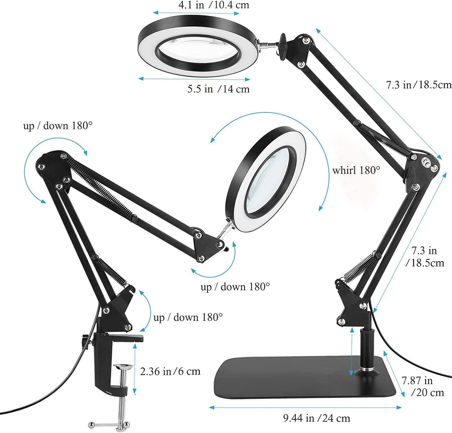 Lampa cosmetica cu lupa, marire 8X, 3 moduri de culoare, dimabila, cu picior si prindere tip menghina, cu brat reglabil si alimentare prin USB pentru machiaj, tatuaje, bijuterii, electronica