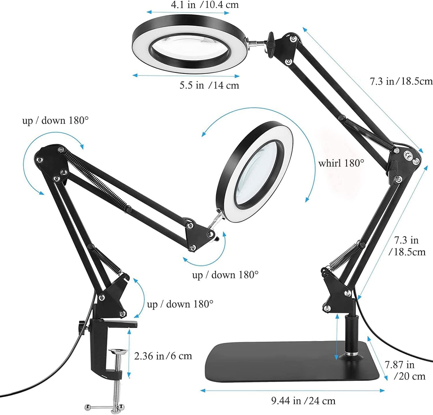 Lampa cosmetica cu lupa, marire 8X, 3 moduri de culoare, dimabila, cu picior si prindere tip menghina, cu brat reglabil si alimentare prin USB pentru machiaj, tatuaje, bijuterii, electronica