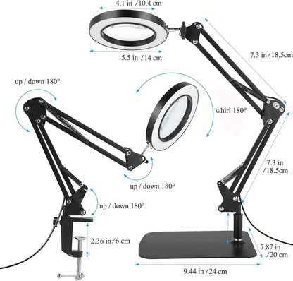 Lampa cosmetica cu lupa, marire 8X, 3 moduri de culoare, dimabila, cu picior si prindere tip menghina, cu brat reglabil si alimentare prin USB pentru machiaj, tatuaje, bijuterii, electronica