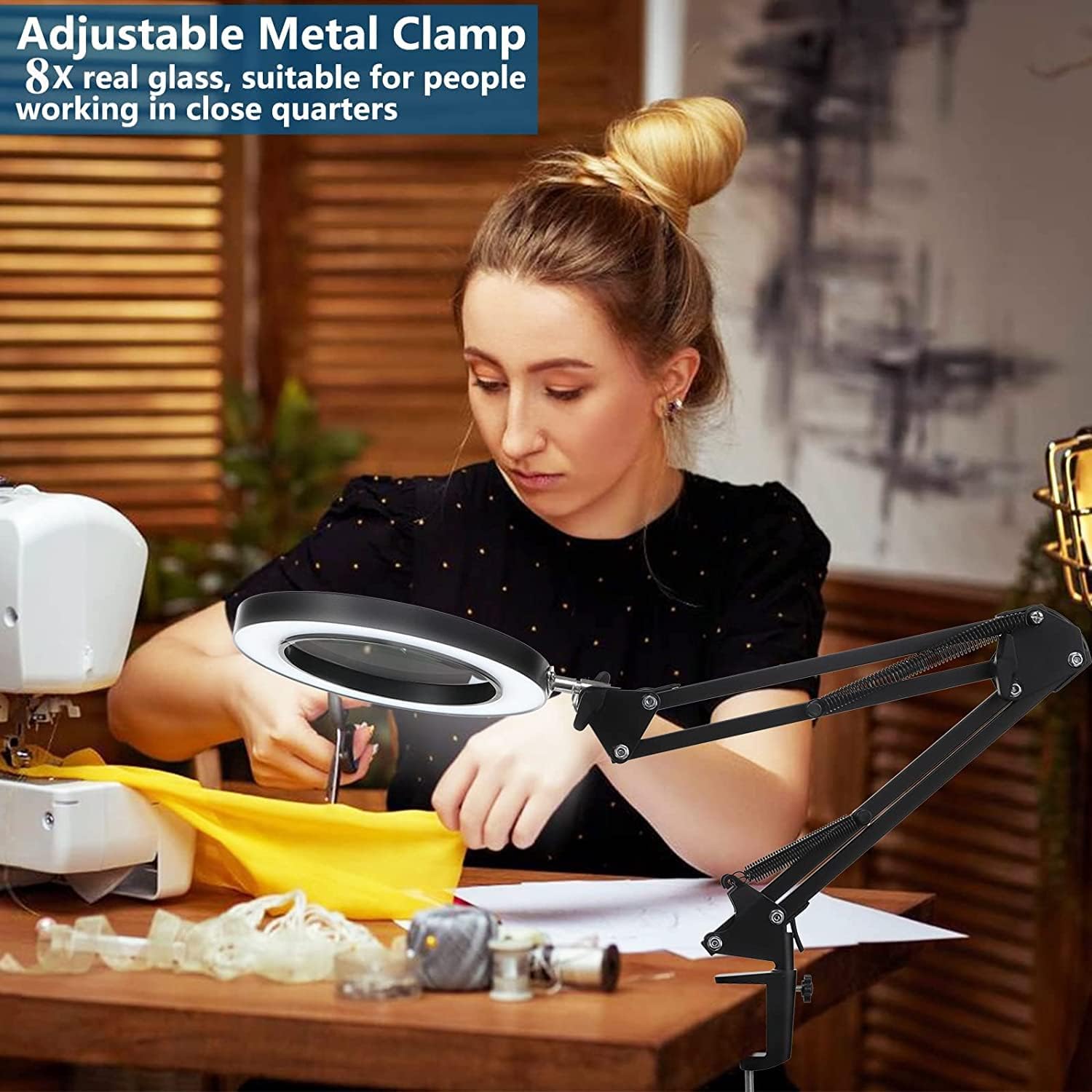 Lampa cosmetica cu lupa, marire 8X, 3 moduri de culoare, dimabila, cu picior si prindere tip menghina, cu brat reglabil si alimentare prin USB pentru machiaj, tatuaje, bijuterii, electronica