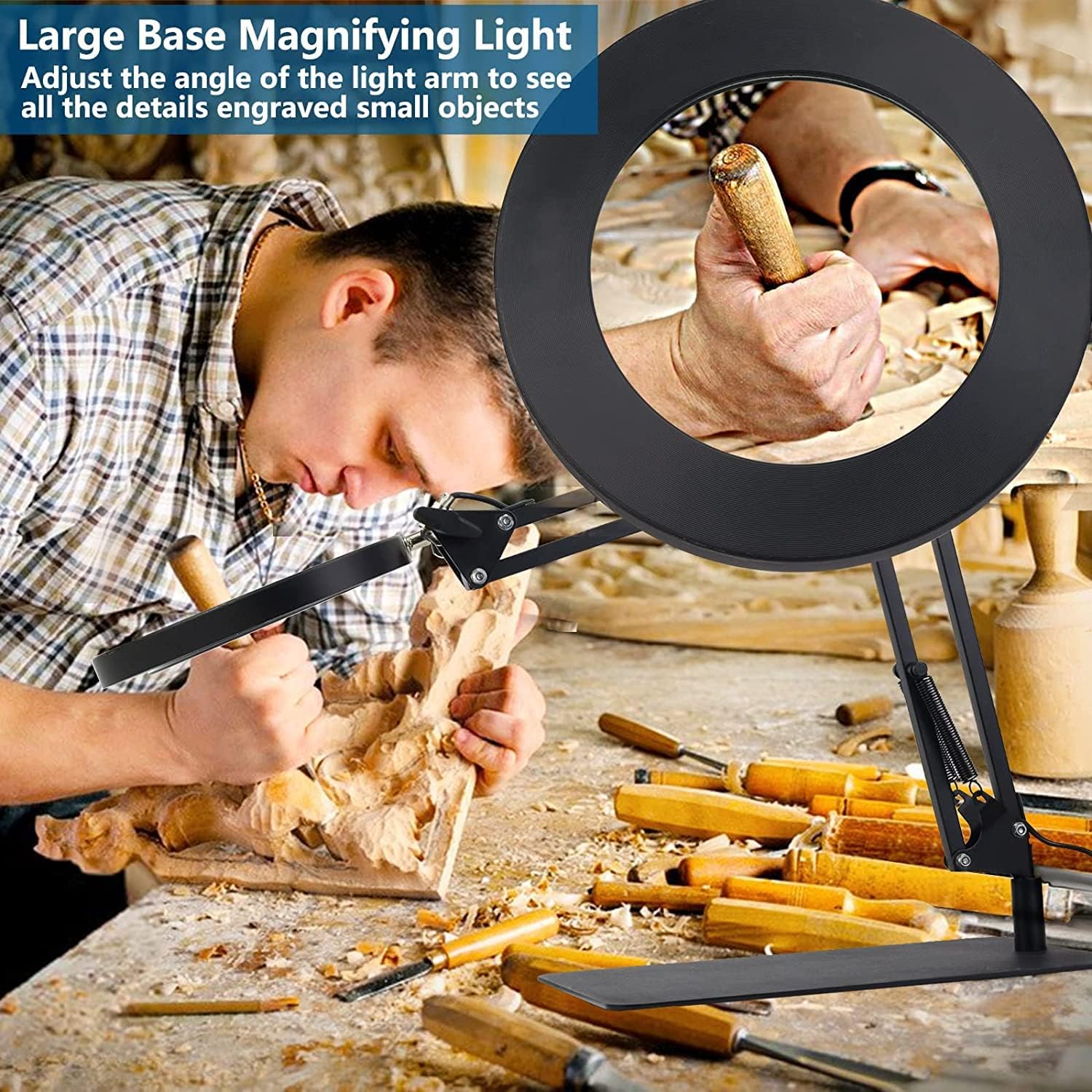 Lampa cosmetica cu lupa, marire 8X, 3 moduri de culoare, dimabila, cu picior si prindere tip menghina, cu brat reglabil si alimentare prin USB pentru machiaj, tatuaje, bijuterii, electronica