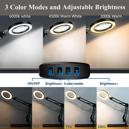 Lampa cosmetica cu lupa, marire 8X, 3 moduri de culoare, dimabila, cu picior si prindere tip menghina, cu brat reglabil si alimentare prin USB pentru machiaj, tatuaje, bijuterii, electronica