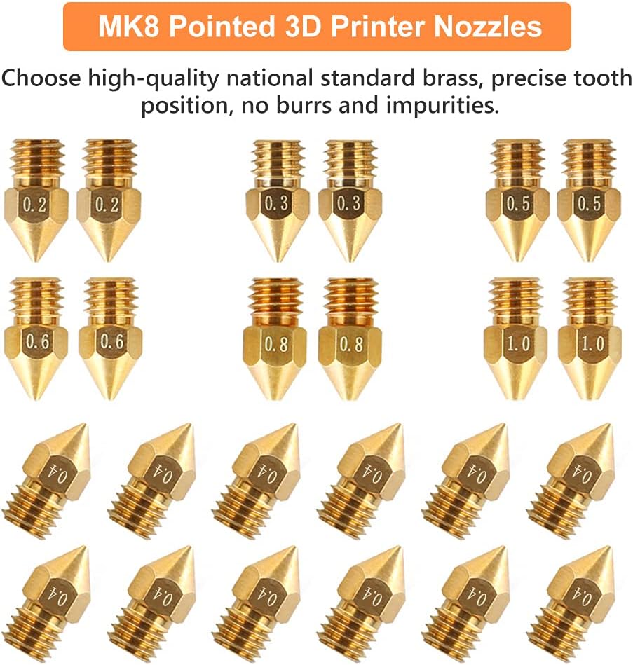 Set duze MK8 imprimata 3D 24 piese, de 0,2 mm, 0,3 mm, 0,4 mm, 0,5 mm, 0,6 mm, 0,8 mm, 1,0 mm, filament de 1.75 mm, pentru seria Ender 3 si Creality CR-10