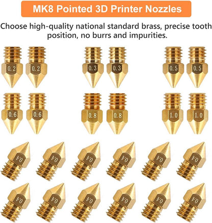 Set duze MK8 imprimata 3D 24 piese, de 0,2 mm, 0,3 mm, 0,4 mm, 0,5 mm, 0,6 mm, 0,8 mm, 1,0 mm, filament de 1.75 mm, pentru seria Ender 3 si Creality CR-10