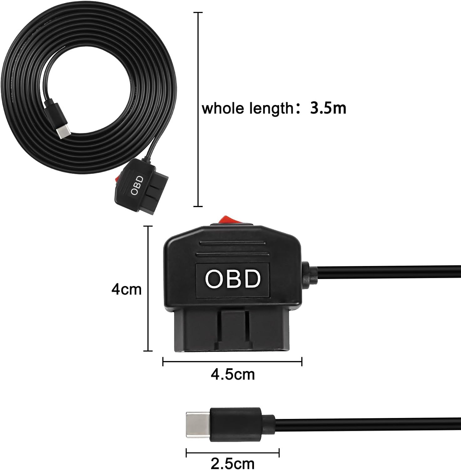 Cablu de alimentare USB-C cu interfata OBD, de 3,5 m, cu intrerupator si protectie la supradescarcare, DC 12-36V, pentru camera de bord auto, navigatie GPS, DVR