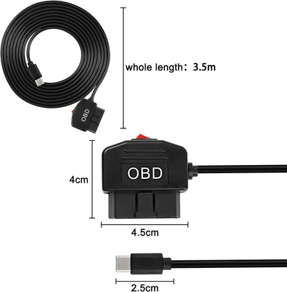 Cablu de alimentare USB-C cu interfata OBD, de 3,5 m, cu intrerupator si protectie la supradescarcare, DC 12-36V, pentru camera de bord auto, navigatie GPS, DVR