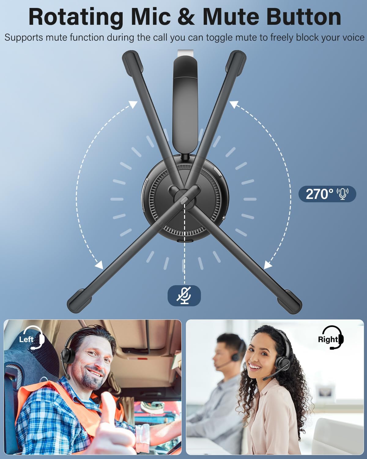 Casca call center Bluetooth 2 in 1 cu difuzor detasabil si microfon rotativ la 270°, anulare a zgomotului AI, pentru PC si smartphone