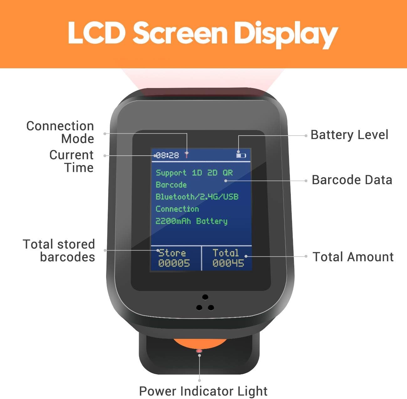 Cititor coduri de bare, scanner wireless 1D, 2D, QR cu statie de incarcare, display LED, Bluetooth, acumulator 1800 mAh, adaugare prefix si sufix, Tera HW006