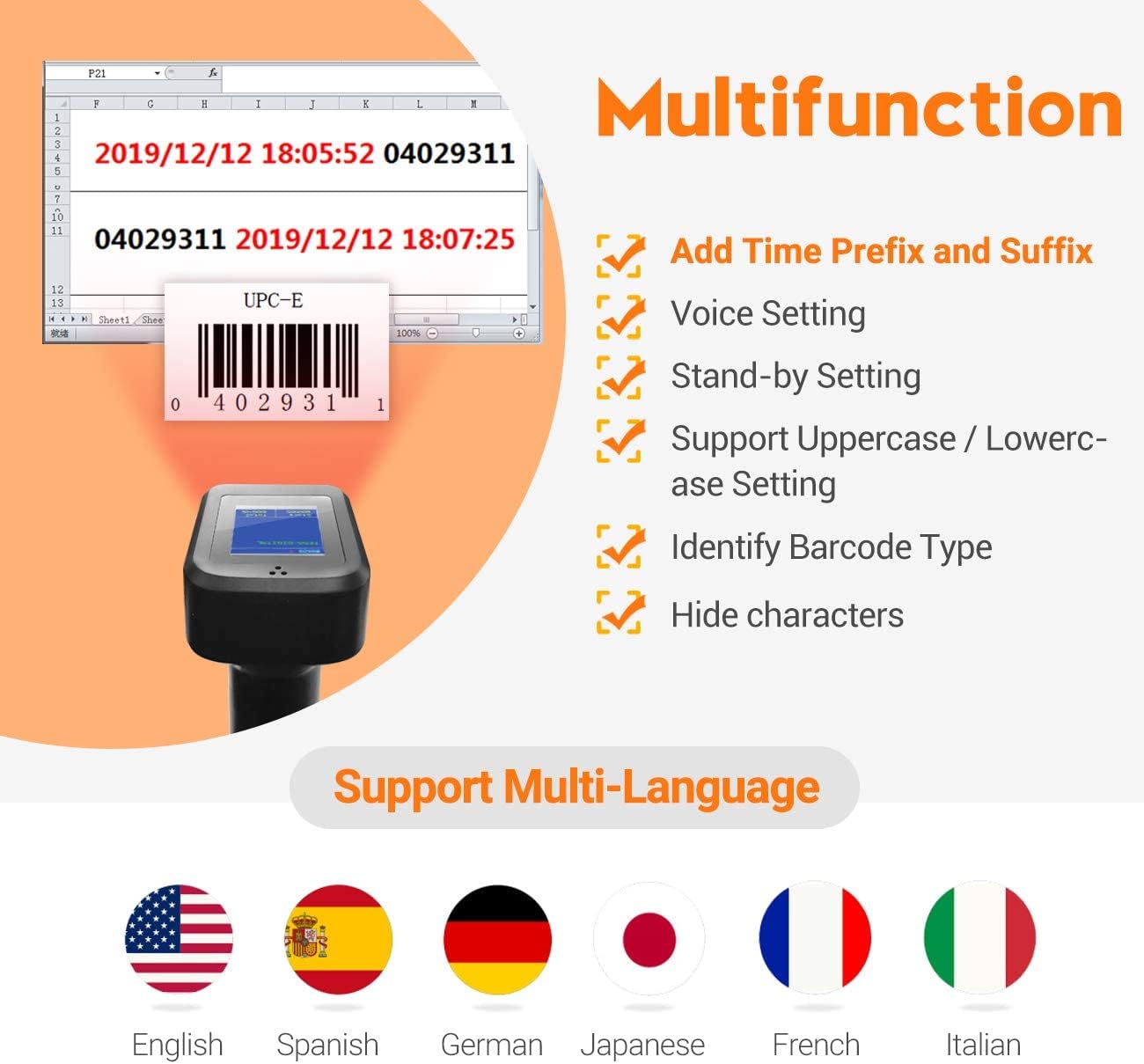 Cititor coduri de bare, scanner wireless 1D, 2D, QR cu statie de incarcare, display LED, Bluetooth, acumulator 1800 mAh, adaugare prefix si sufix, Tera HW006