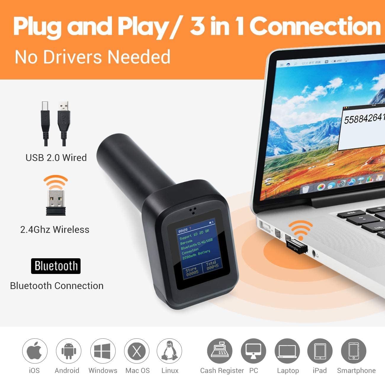 Cititor coduri de bare, scanner wireless 1D, 2D, QR cu statie de incarcare, display LED, Bluetooth, acumulator 1800 mAh, adaugare prefix si sufix, Tera HW006