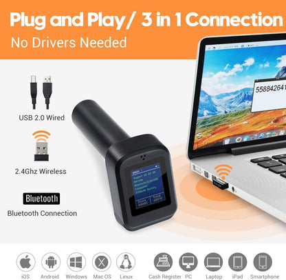 Cititor coduri de bare, scanner wireless 1D, 2D, QR cu statie de incarcare, display LED, Bluetooth, acumulator 1800 mAh, adaugare prefix si sufix, Tera HW006
