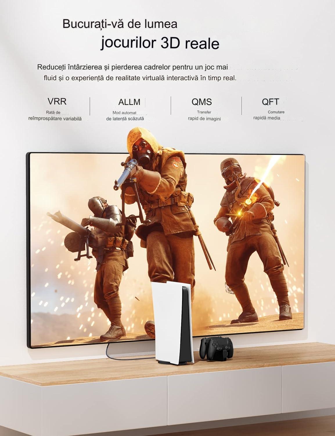 Cablu HDMI 8K @ 60Hz cu fibra optica, de 15 m, DTS: X, HDCP 2.2 & 2.3, HDR 10, eARC, 48 Gbps, compatibil cu consola PS5/4/3, Xbox, HDTV