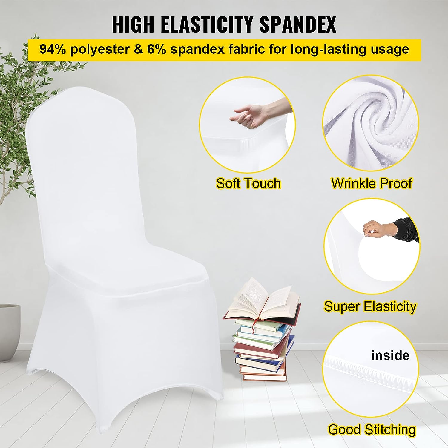 Set husa scaun 6 bucati, elastice, albe, din poliester, universale, design modern, reutilizabile, pentru nunta, petrecere, evenimente, Vevor