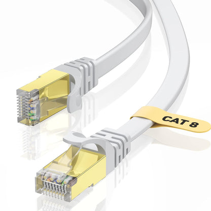 Cablu de Retea STP plat Cat 8 de 10 m, 40 Gbps/2000 MHz, capete RJ45 placate cu aur, cablu Ethernet cu cleme de fixare, pentru PS4/5, Xbox, modem, router, alb