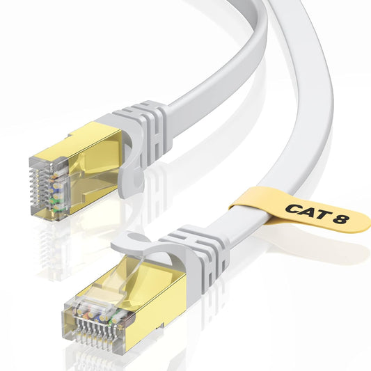 Cablu de Retea STP plat Cat 8 de 10 m, 40 Gbps/2000 MHz, capete RJ45 placate cu aur, cablu Ethernet cu cleme de fixare, pentru PS4/5, Xbox, modem, router, alb