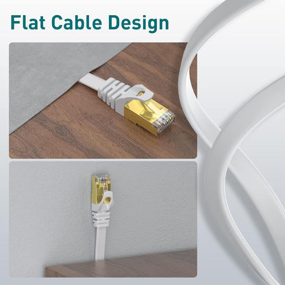 Cablu de Retea STP plat Cat 8 de 10 m, 40 Gbps/2000 MHz, capete RJ45 placate cu aur, cablu Ethernet cu cleme de fixare, pentru PS4/5, Xbox, modem, router, alb
