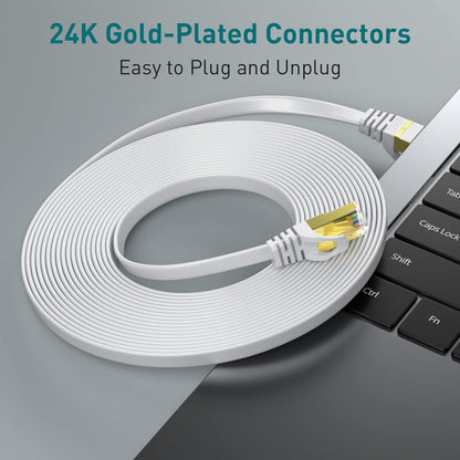 Cablu de Retea STP plat Cat 8 de 10 m, 40 Gbps/2000 MHz, capete RJ45 placate cu aur, cablu Ethernet cu cleme de fixare, pentru PS4/5, Xbox, modem, router, alb