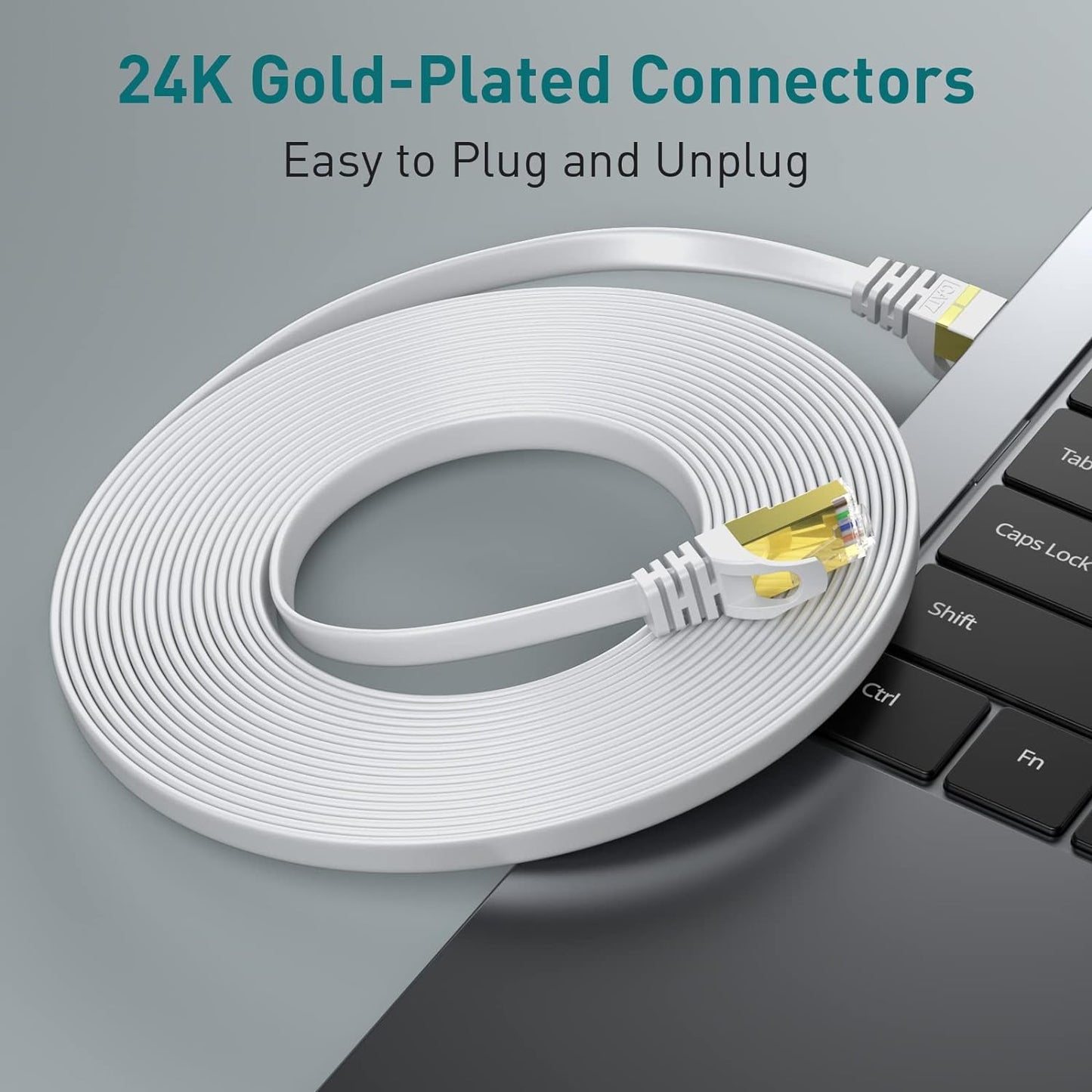 Cablu de Retea STP plat Cat 8 de 25 m, 40 Gbps/2000 MHz, capete RJ45 placate cu aur, cablu Ethernet cu cleme de fixare, pentru PS4/5, Xbox, modem, router, alb