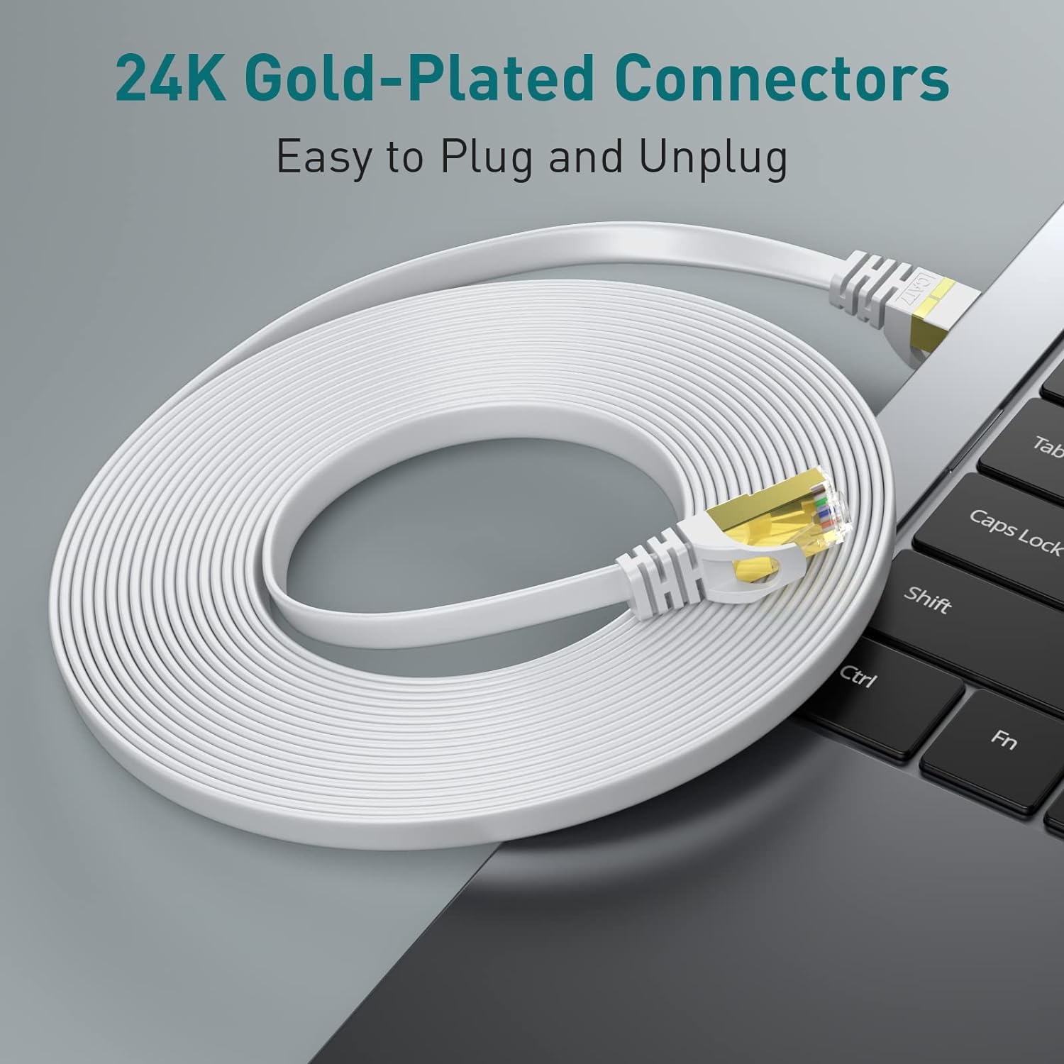 Cablu de Retea STP plat Cat 8 de 25 m, 40 Gbps/2000 MHz, capete RJ45 placate cu aur, cablu Ethernet cu cleme de fixare, pentru PS4/5, Xbox, modem, router, alb