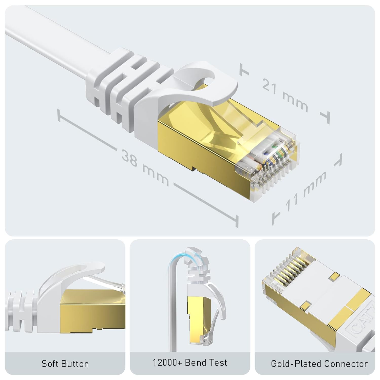 Cablu de Retea STP plat Cat 8 de 25 m, 40 Gbps/2000 MHz, capete RJ45 placate cu aur, cablu Ethernet cu cleme de fixare, pentru PS4/5, Xbox, modem, router, alb