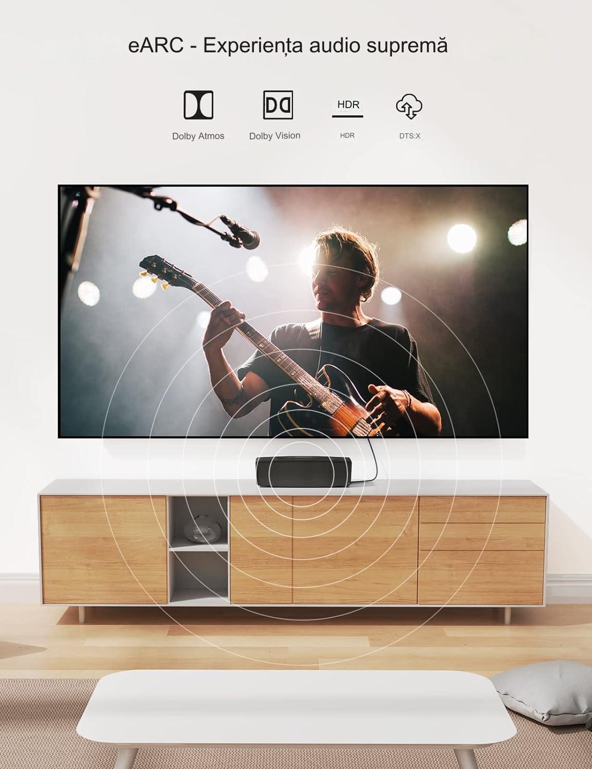 Cablu HDMI 8K @ 60Hz cu fibra optica, de 7.5 m, DTS: X, HDCP 2.2 & 2.3, HDR 10, eARC, 48 Gbps, compatibil cu consola PS5/4/3, Xbox, HDTV