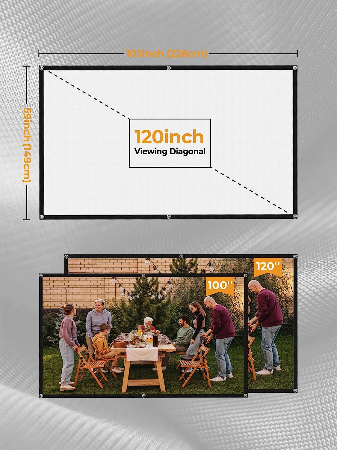 Ecran de proiectie videoproiector, HD 16:9 de 120 inch, Ultra HD 4K, cu doua fete, fara sifonare, utilizare pentru Home Cinema interior si exterior