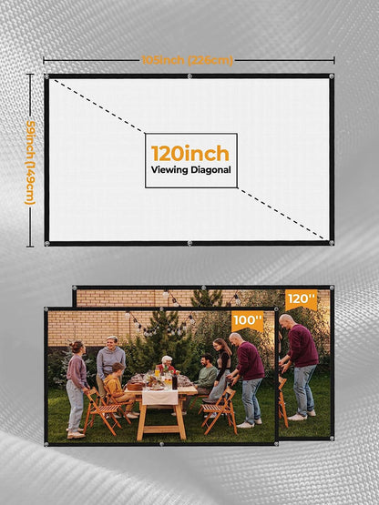 Ecran de proiectie videoproiector, HD 16:9 de 120 inch, Ultra HD 4K, cu doua fete, fara sifonare, utilizare pentru Home Cinema interior si exterior