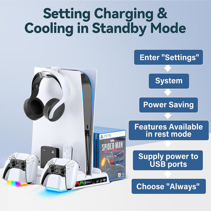 Stand racire vertical pentru PlayStation 5, cu functie statie de incarcare pentru controler PS5, cu lumini LED RGB, Hub USB, suport casti, sloturi pentru jocuri, OIVO