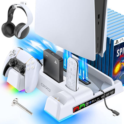Stand racire vertical pentru PlayStation 5, cu functie statie de incarcare pentru controler PS5, cu lumini LED RGB, Hub USB, suport casti, sloturi pentru jocuri, OIVO
